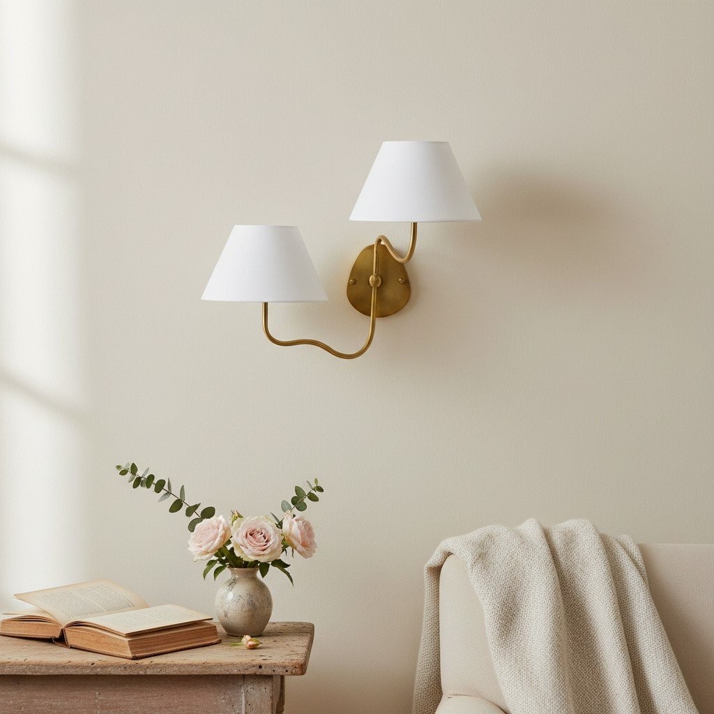 Lámpara de pared Kulo en un interior minimalista sobre una mesa auxiliar.