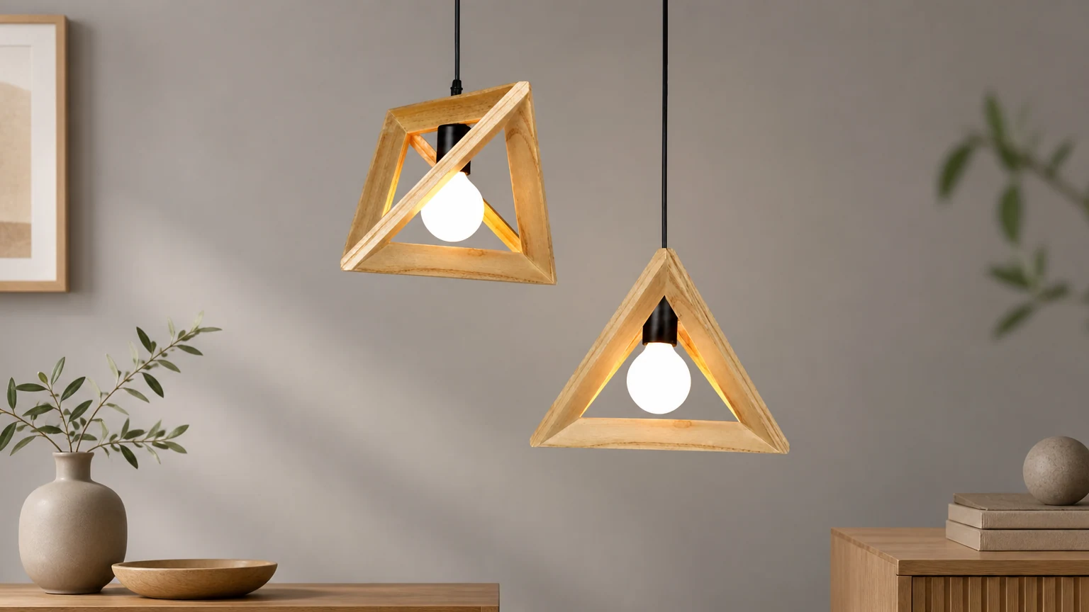 Geometryczna, drewniana lampa wisząca SIMIG w ciepłym wnętrzu