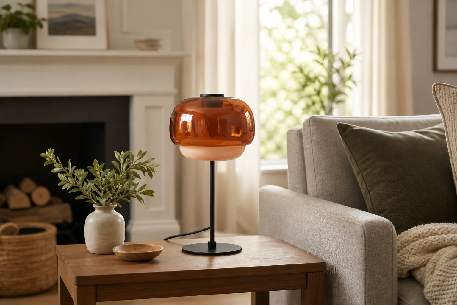 Clinco farget glasslampe i et livsstilsinnredningsmiljø