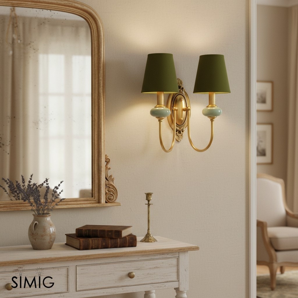 Two-head green shade wall sconce above a dresser