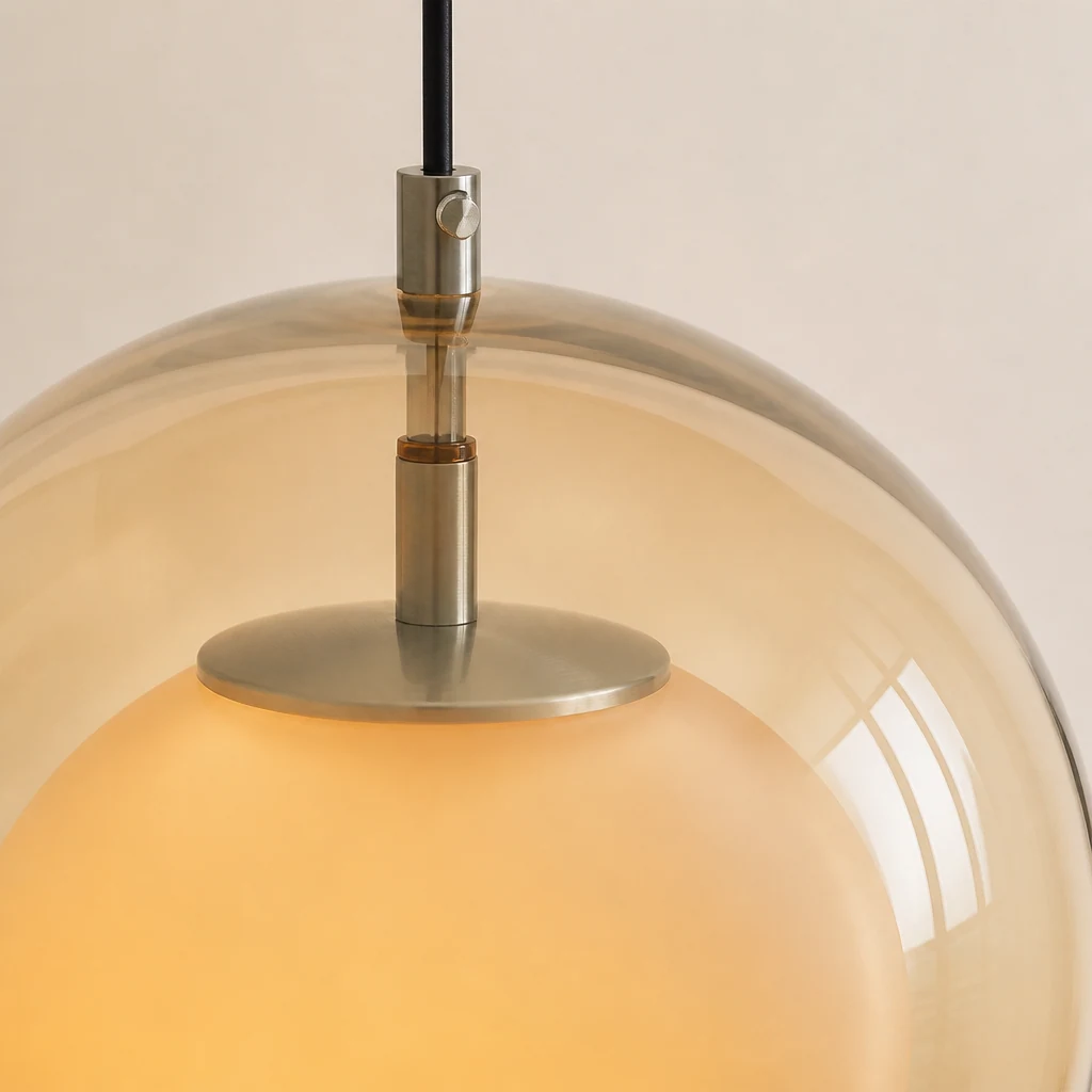 Zbliżenie na szkło i metalowe wykończenie lampy wiszącej Misty