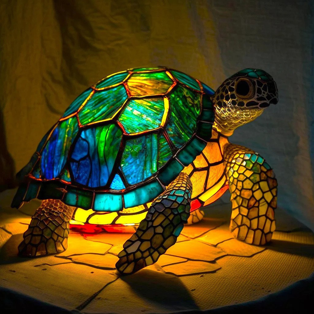 Bordlampe med skilpaddeharpiks som dyr, tent på en flislagt overflate