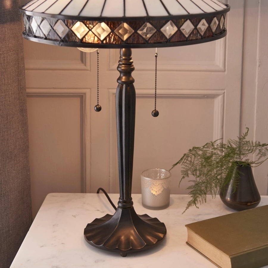 TF Fargo Geometric Tiffany Style Lamp - Amber and Cream Glass Accent Lighting for Bedroom or Study T643