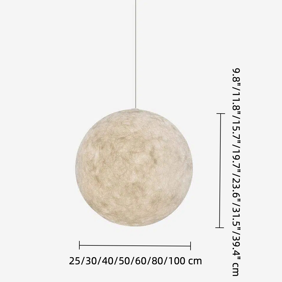 Diagram rozmiarów nowoczesnej lampy wiszącej Moon Globe z podaniem średnicy i wysokości