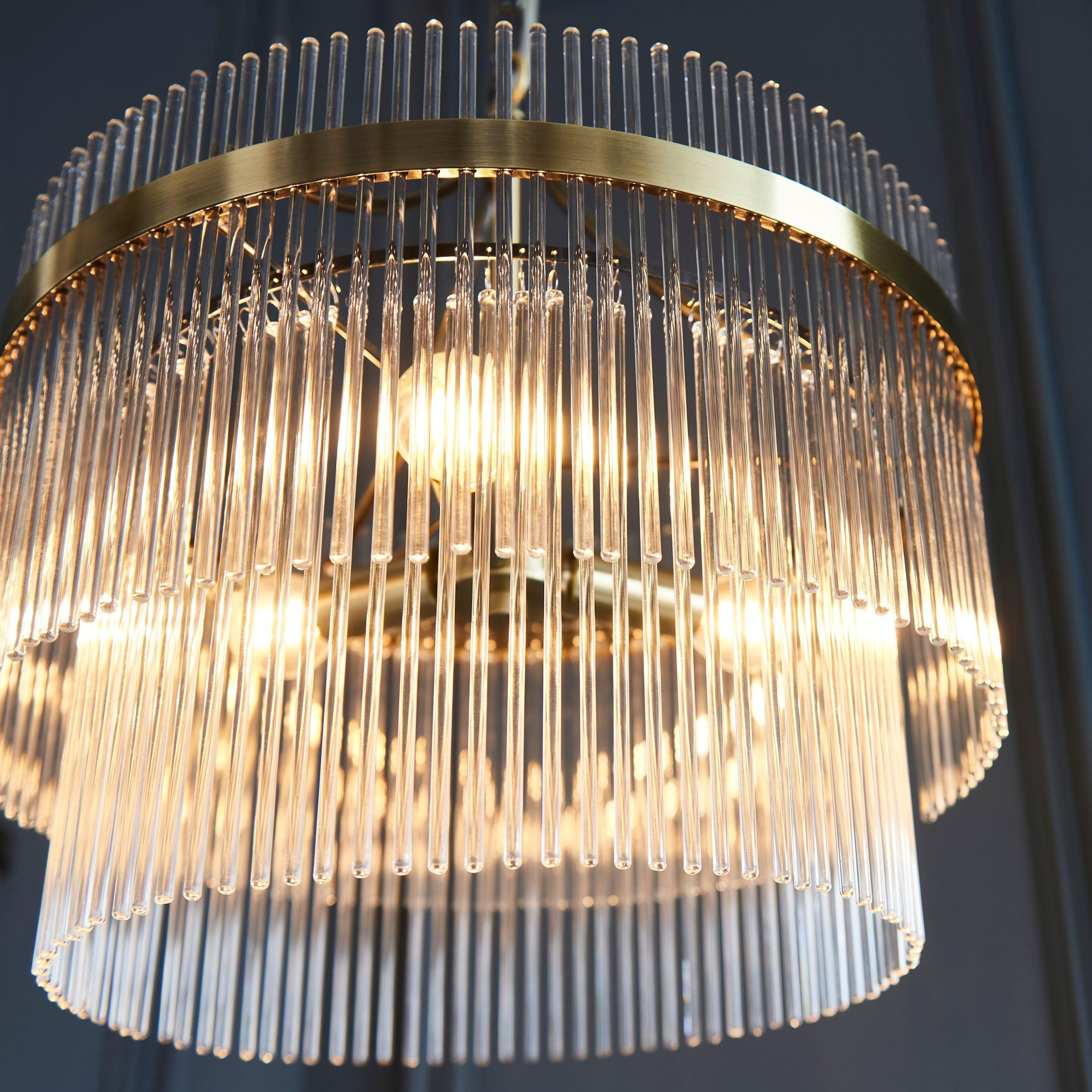 Elegant Glass Rods 3 Light Pendant Light - Vintage Brass Finish T459
