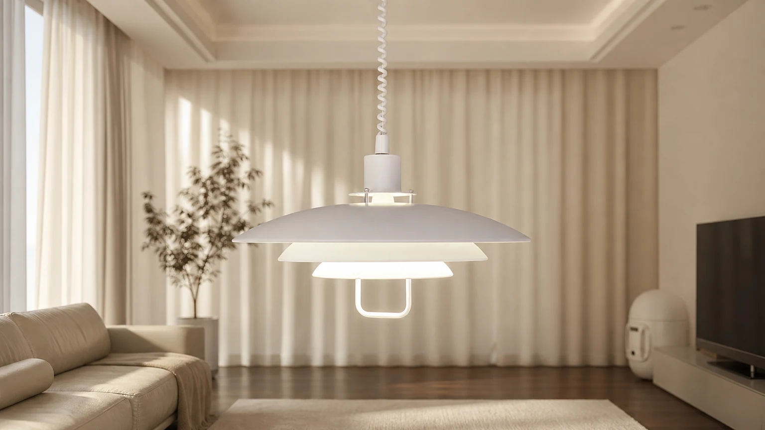 Pozioma scena wnętrza z duńską podnoszoną lampą wiszącą UFO M530