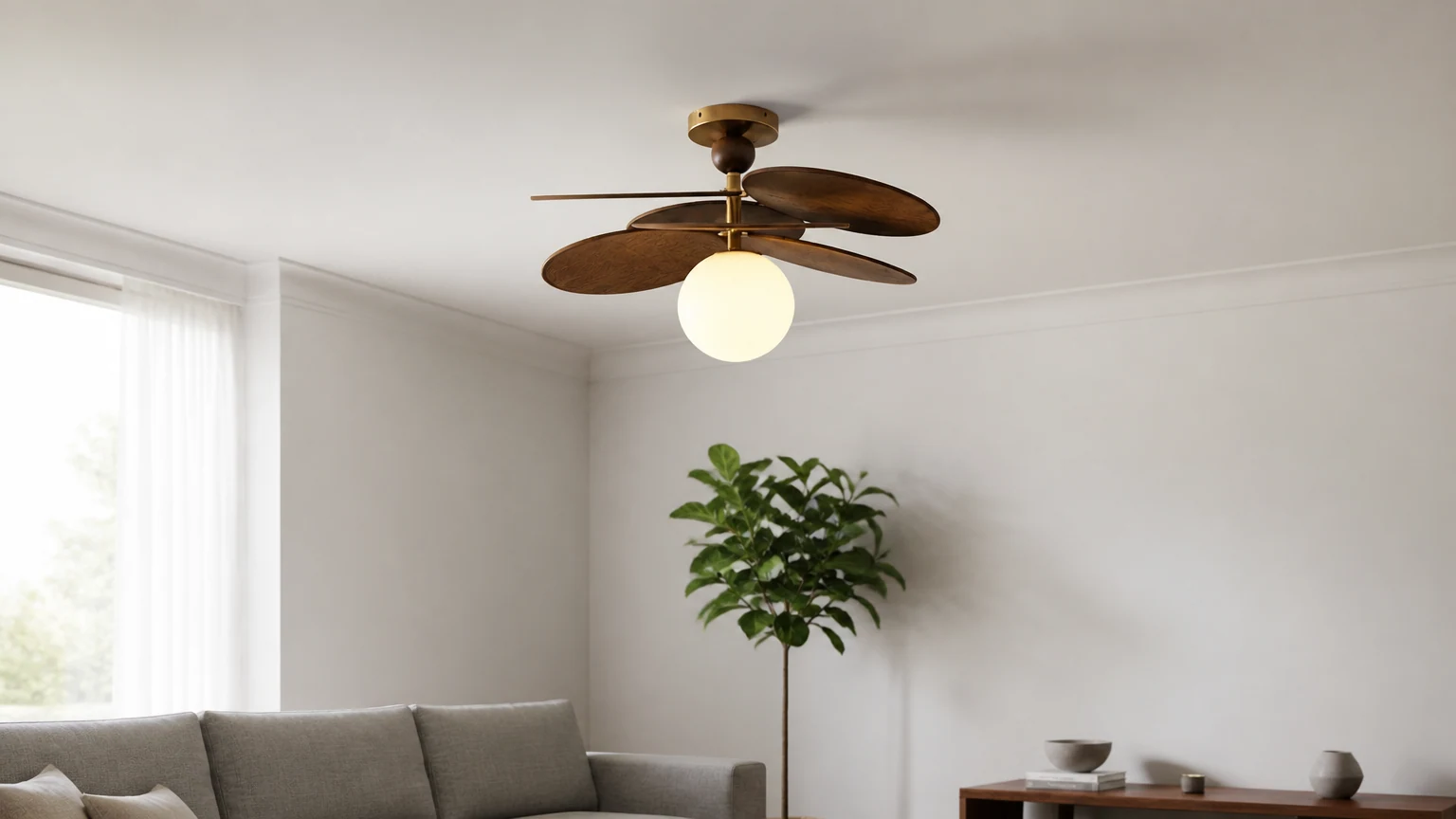 Lampa sufitowa Orrise z nakładającymi się ostrzami zainstalowana we współczesnym wnętrzu