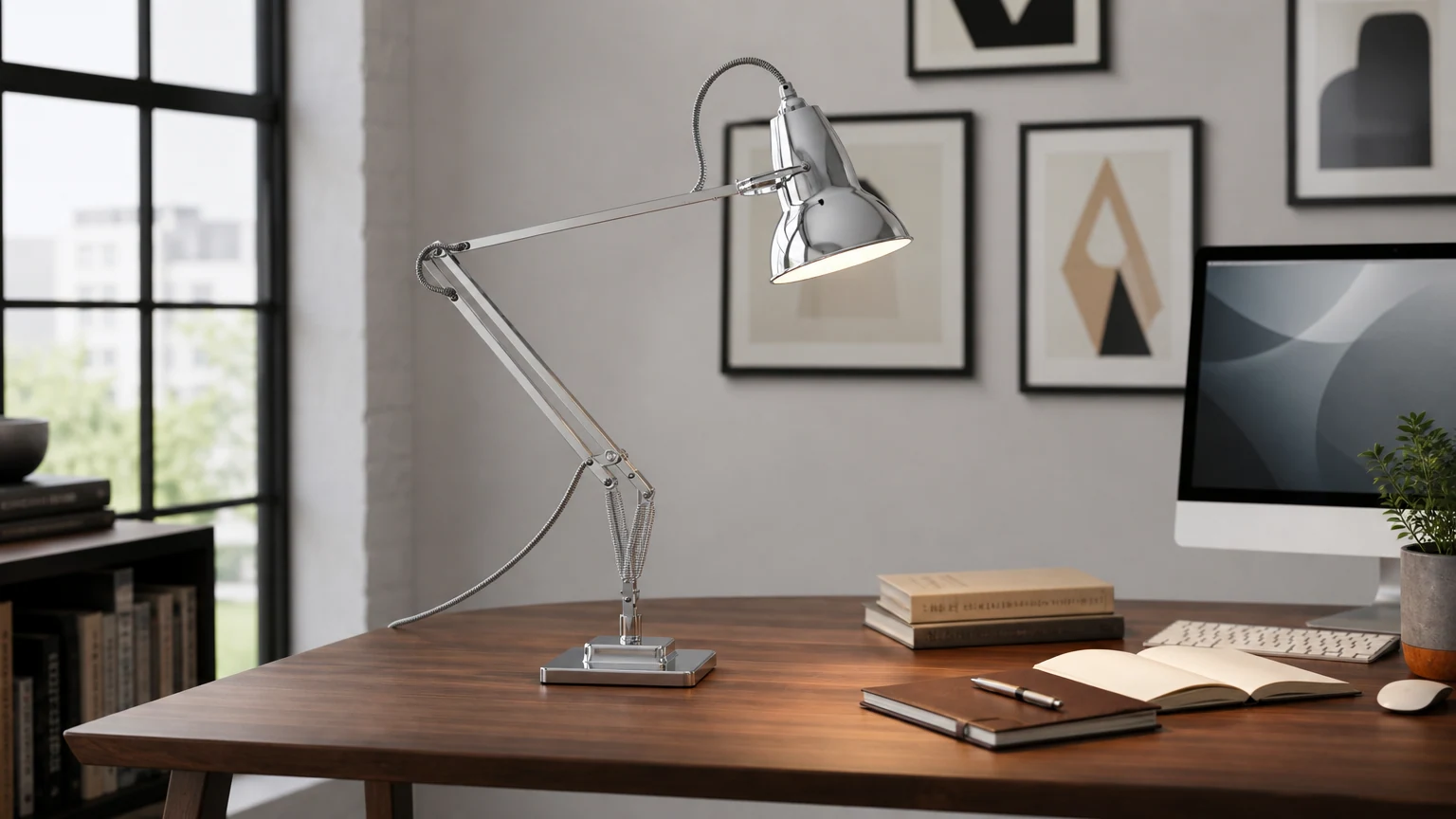Regulowana lampa biurkowa Modryx w stylu vintage w poziomej scenie domowego biura