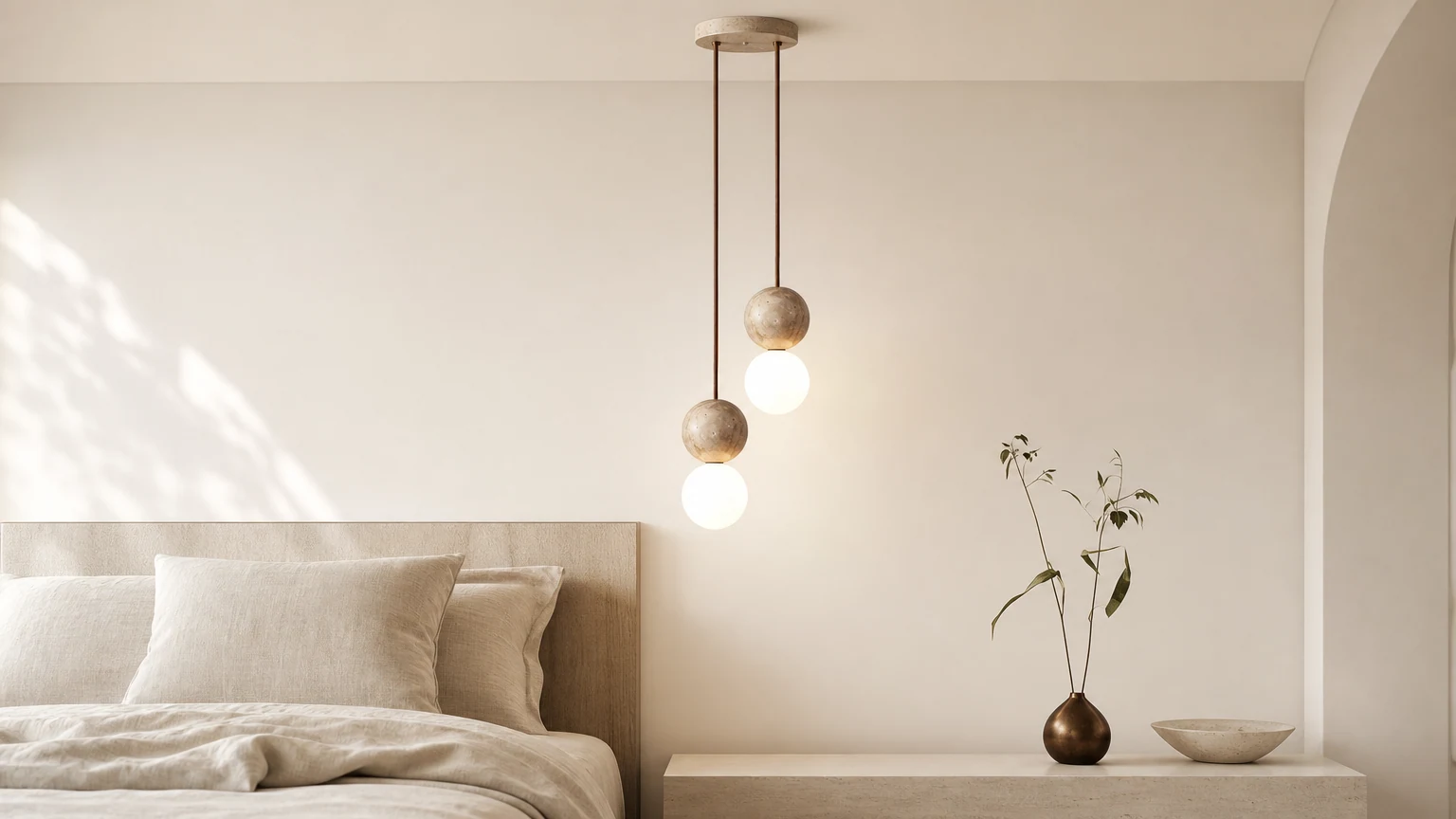 Minimalistyczna lampa wisząca LED w kolorze trawertynu w kolorze kremowym retro w ciepłym wnętrzu