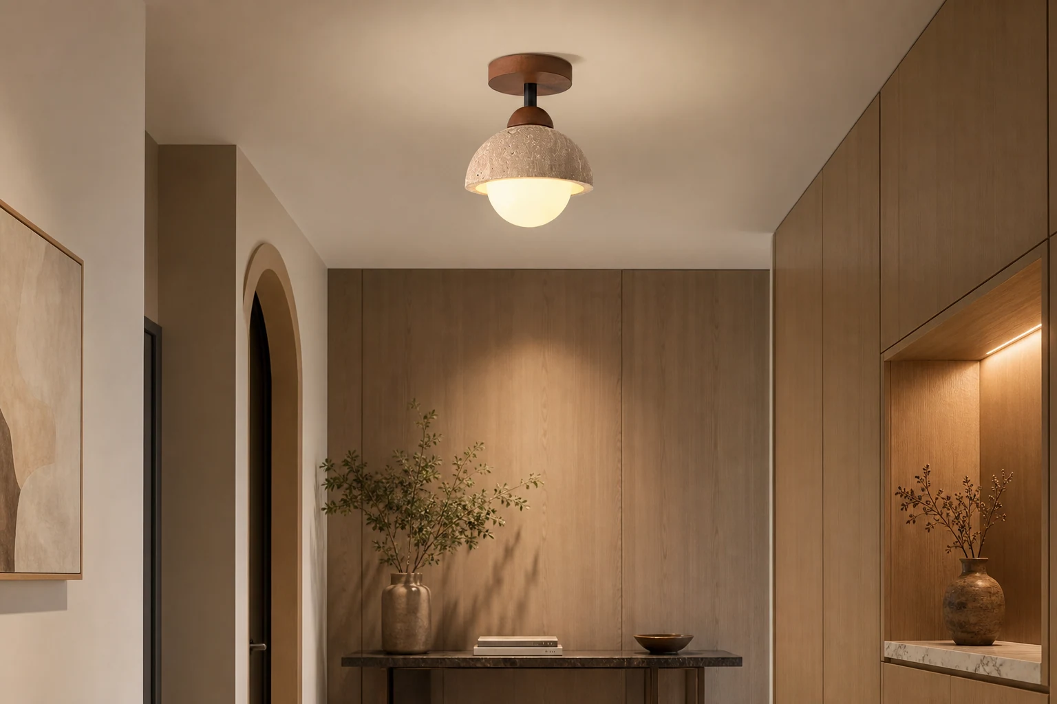 Scena lifestylowa z trawertynową lampą sufitową M266 w stylu vintage, wyśrodkowaną w ramce