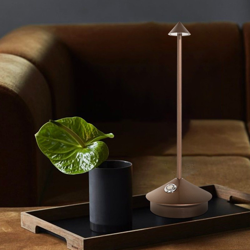 Pina lamp on a tray in front of a sofa