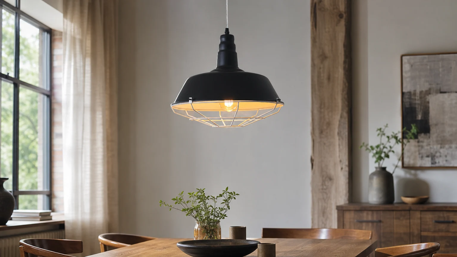 Kobalowa lampa wisząca D480 wisząca w industrialnym wnętrzu