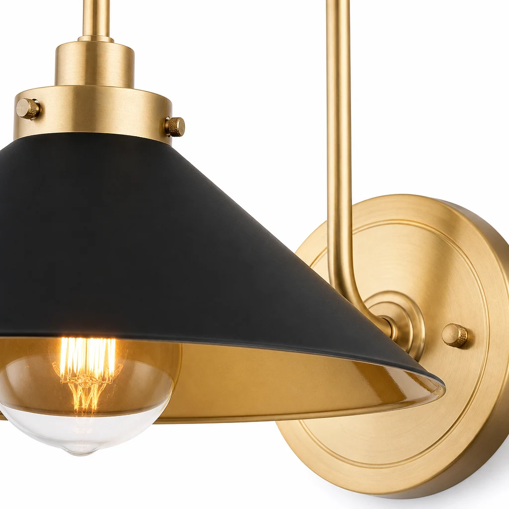Zbliżenie metalowego klosza lampy ściennej Clivedon i mosiężnego wykończenia
