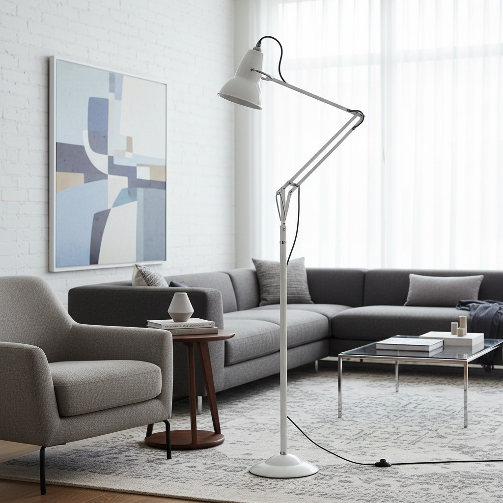 Vit Modryx golvlampa i en modern sittgrupp