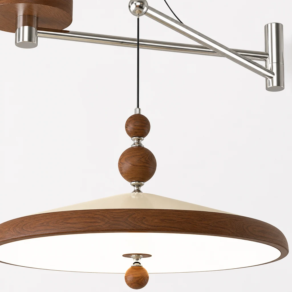 Zbliżenie lampy wiszącej Hover Swing Arm z kloszem D63 i metalową konstrukcją