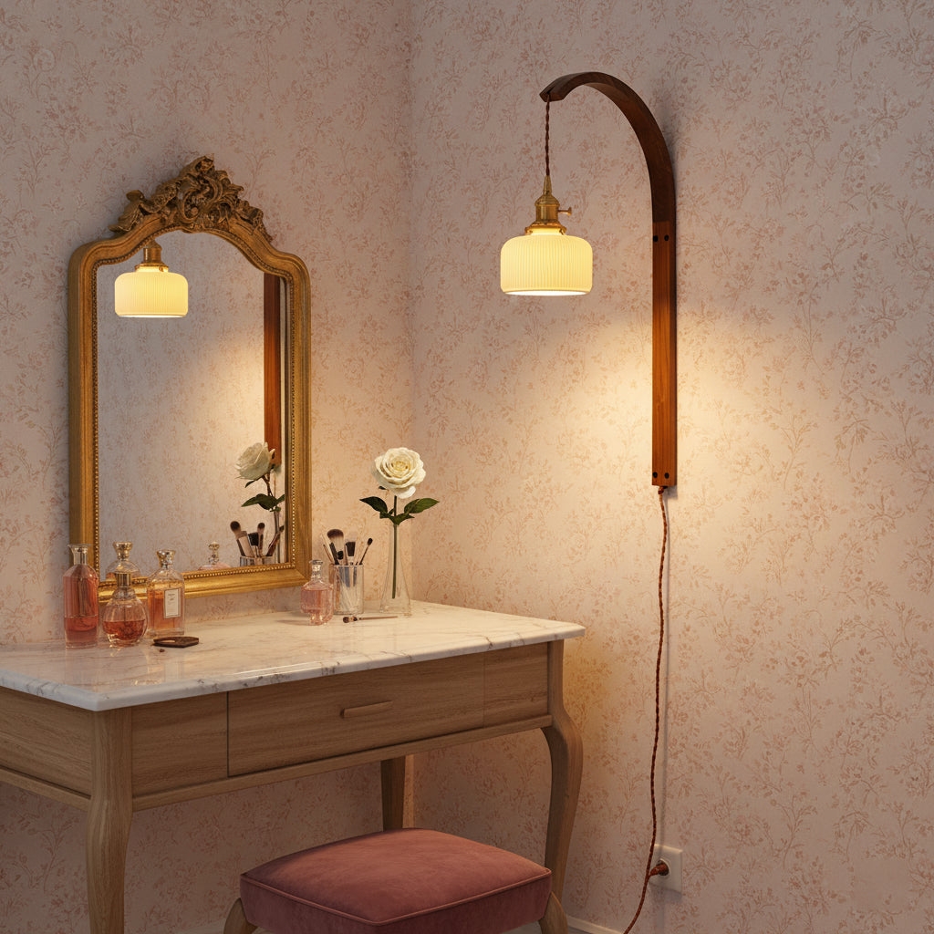 Curved Walnut Ceramic Plug-in Wall Light D498