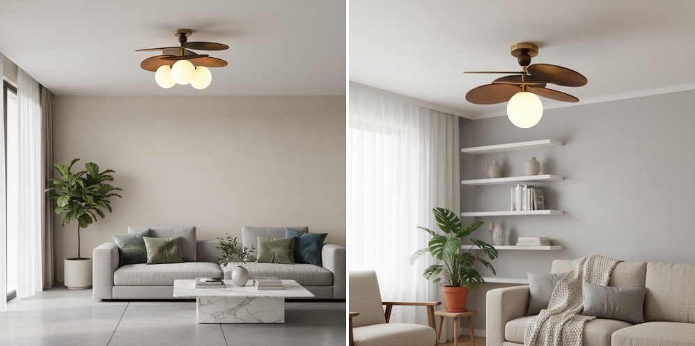 Dwie sceny wnętrza przedstawiające lampę sufitową Orrise zainstalowaną w salonie