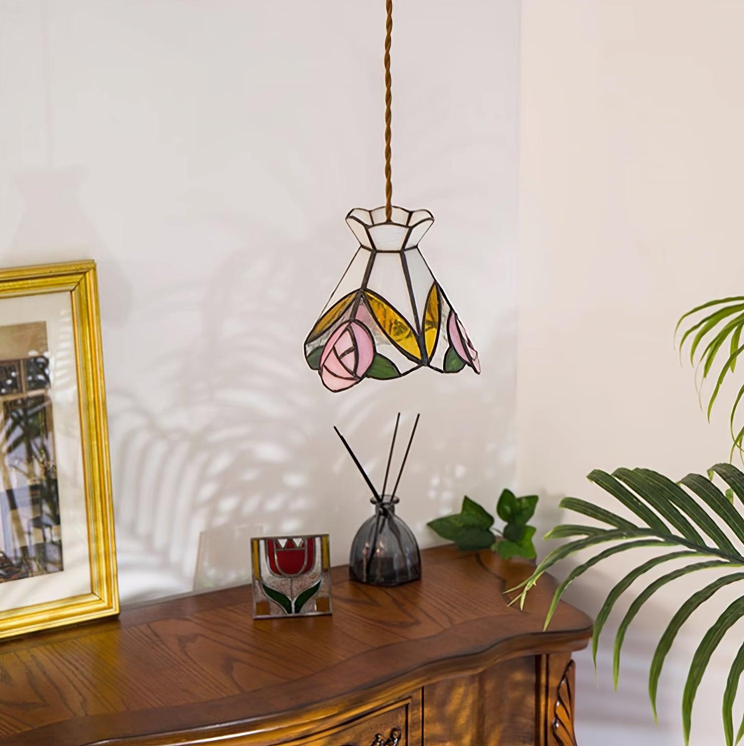 French Retro Rose Stained Glass Pendant Lamp M190