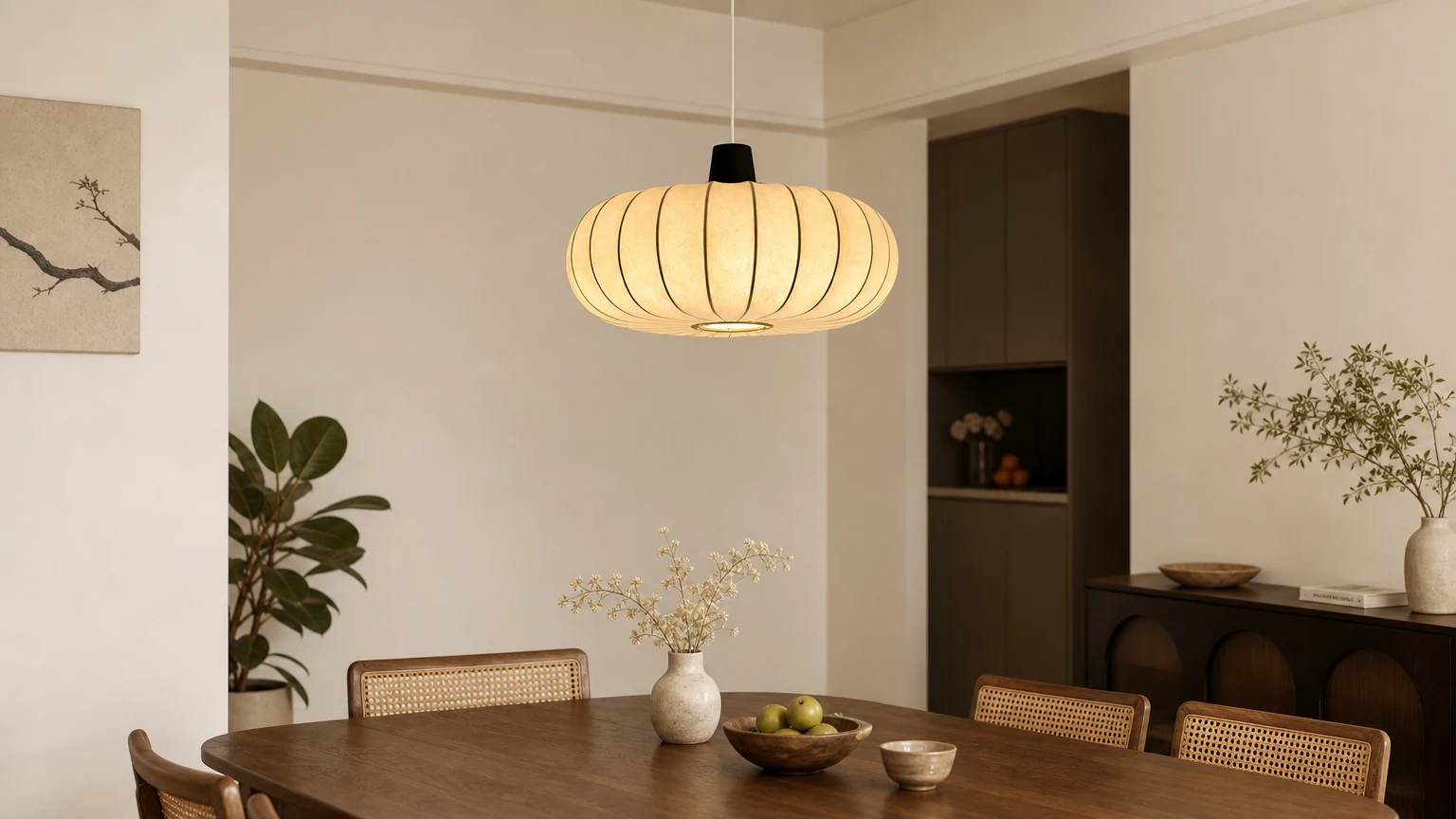 Klasyczna lampa wisząca Silk Lantern M514 w ciepłym wnętrzu