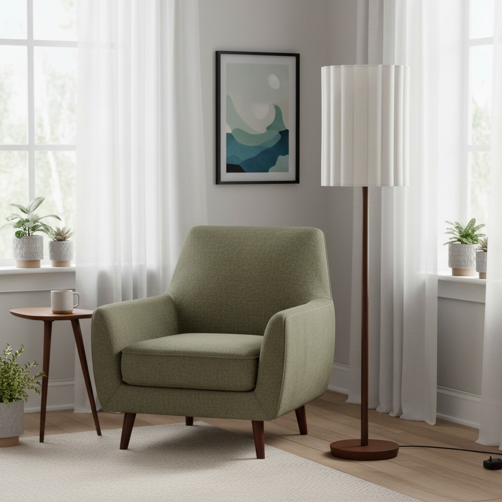 Linbron Walnut Wood Floor Lamp with Fluted Linen Shade - Modern Natural Home Decor T648