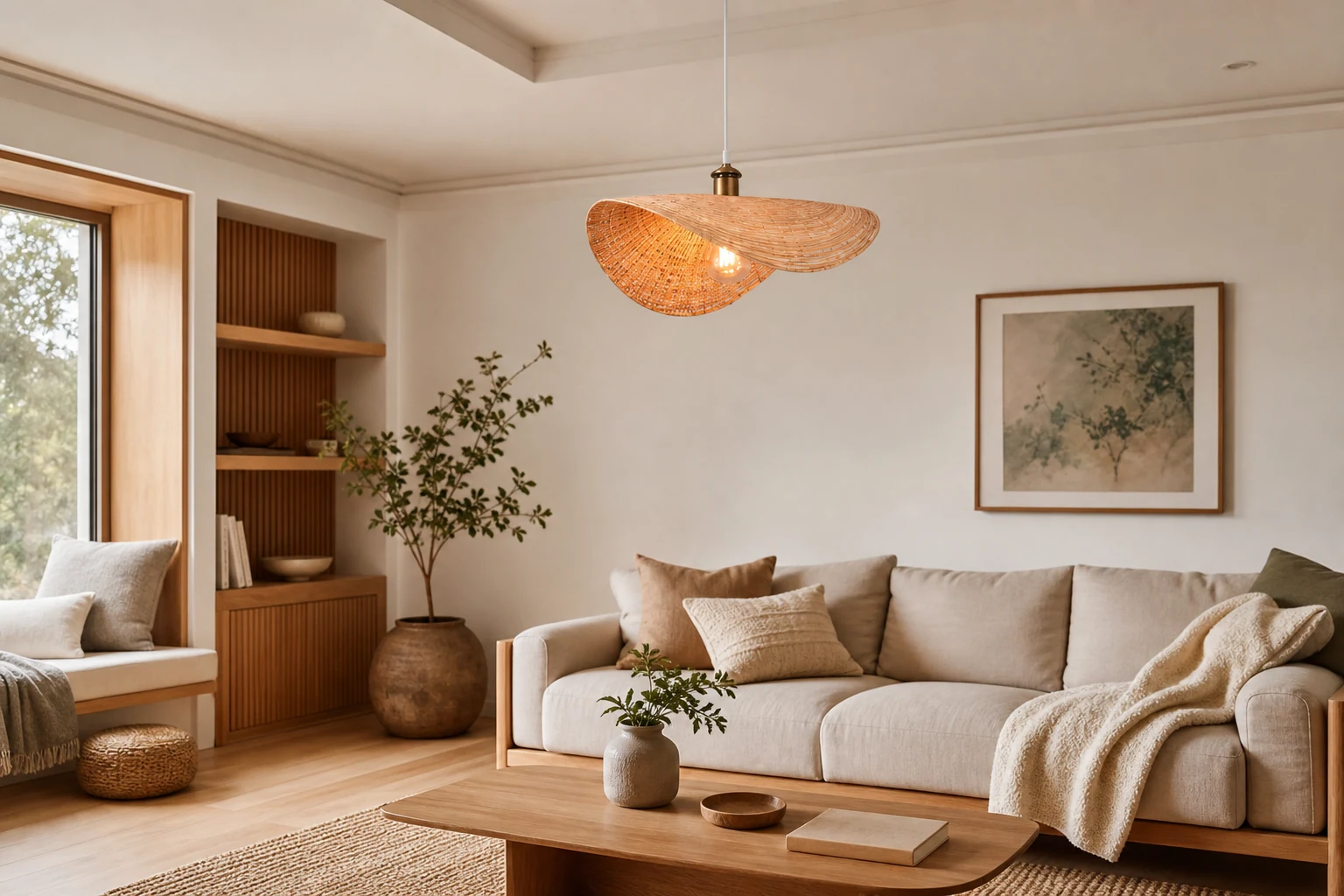 Lifestyle-Szene mit der Lotus-Holzpendelleuchte im Kontext