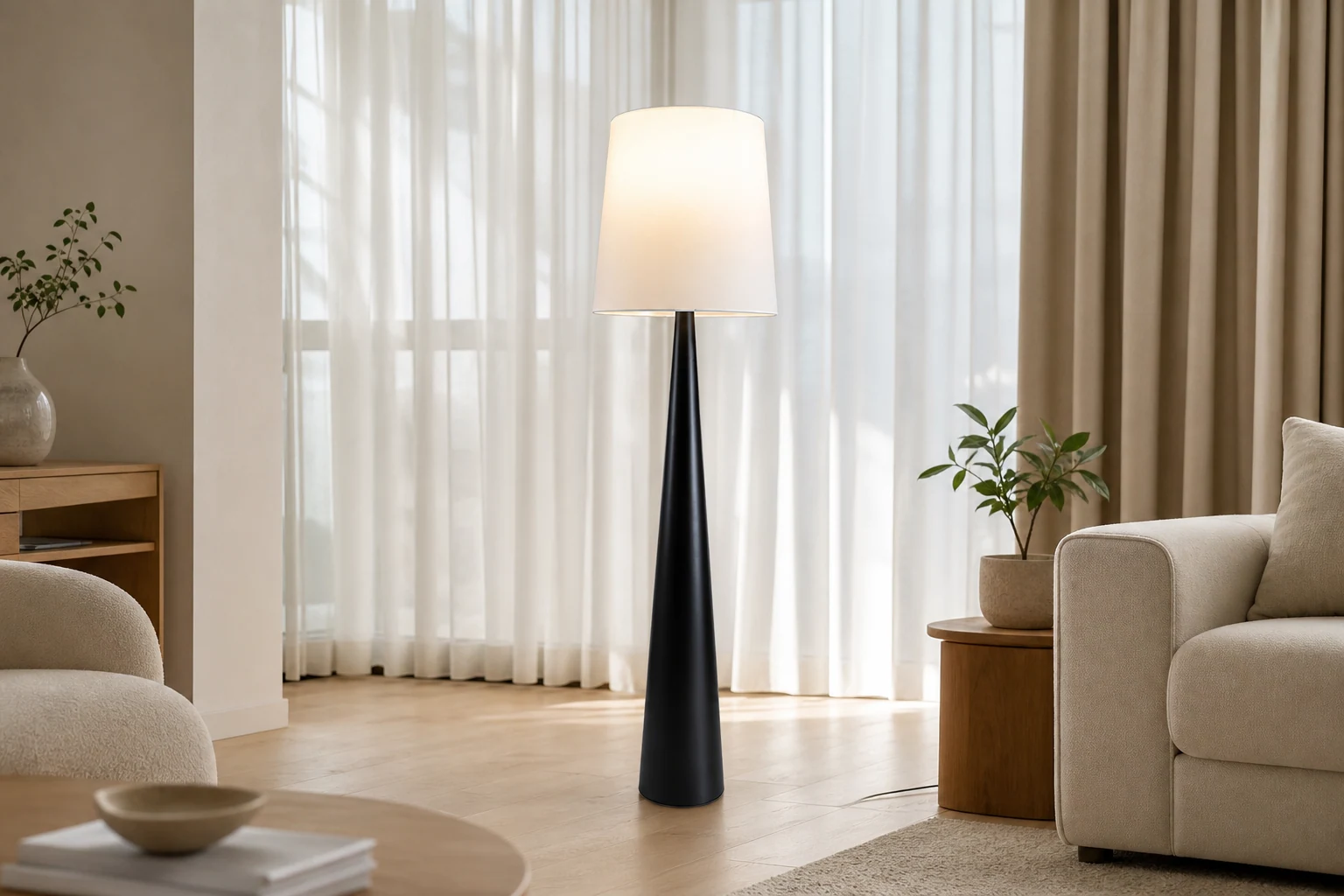 Czarna lampa podłogowa M453 stylizowana na przestrzeń mieszkalną