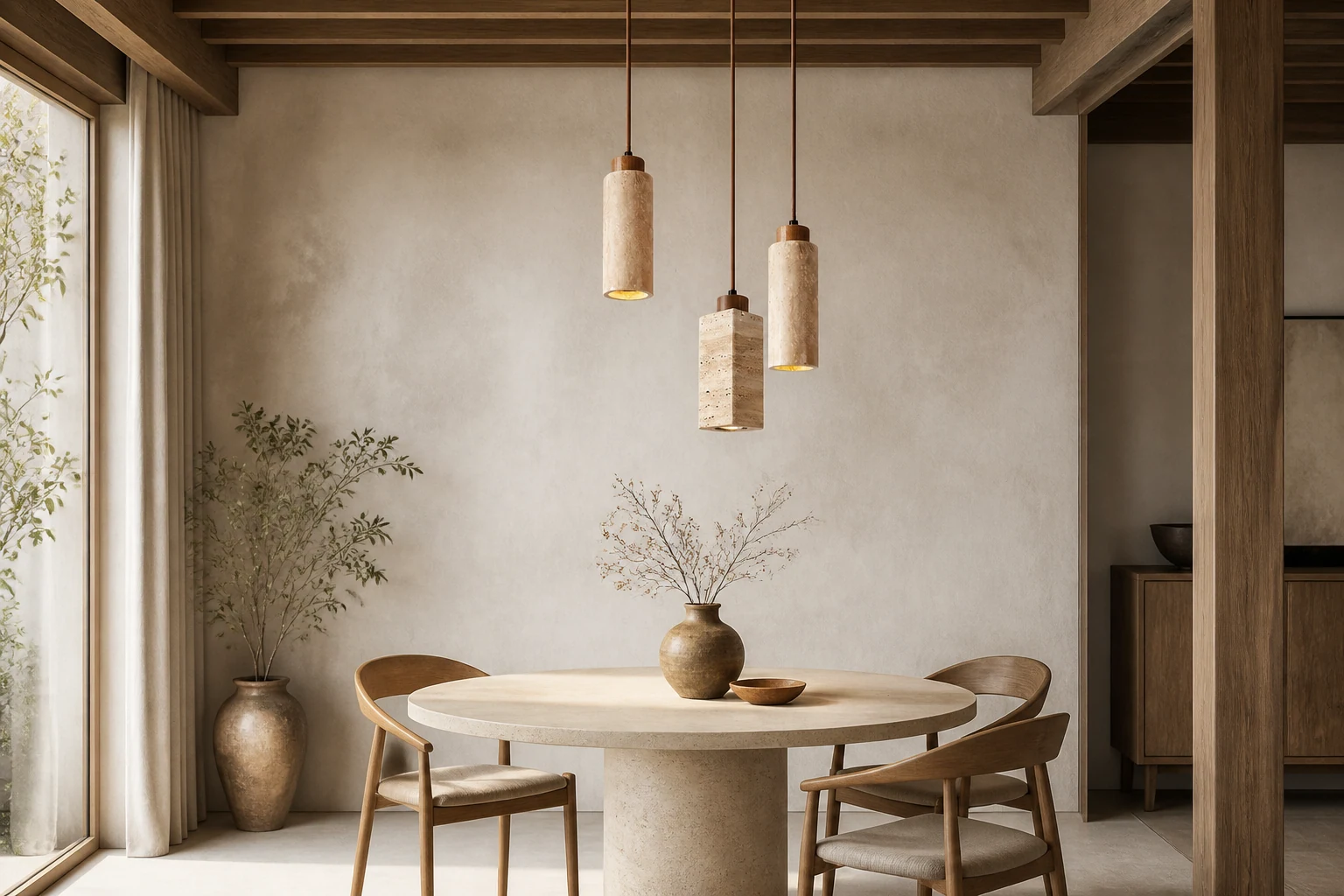 Lampa wisząca z litego drewna i kamienia Wabi Sabi G32 w scenie lifestylowej
