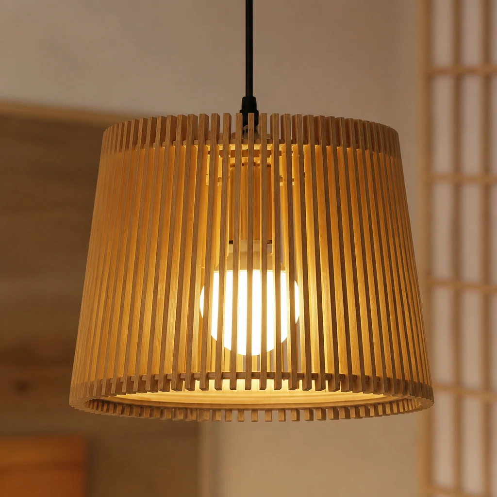 Zbliżenie na materiał i listwy lampy wiszącej z klatką w kolorze drewna