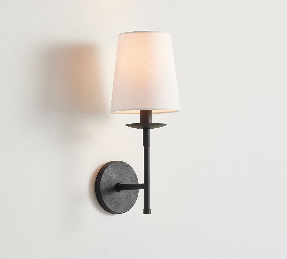 Rowan Bronze or Brass Wall Sconce - Iron Light with White Linen Shade for Home T053