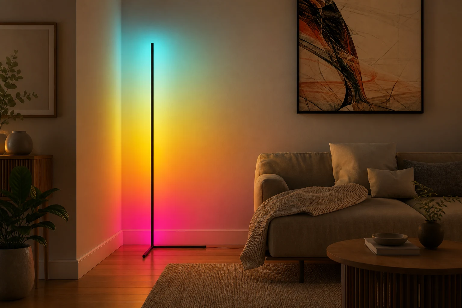 Regulowana lampa podłogowa RGB w scenie lifestylowej