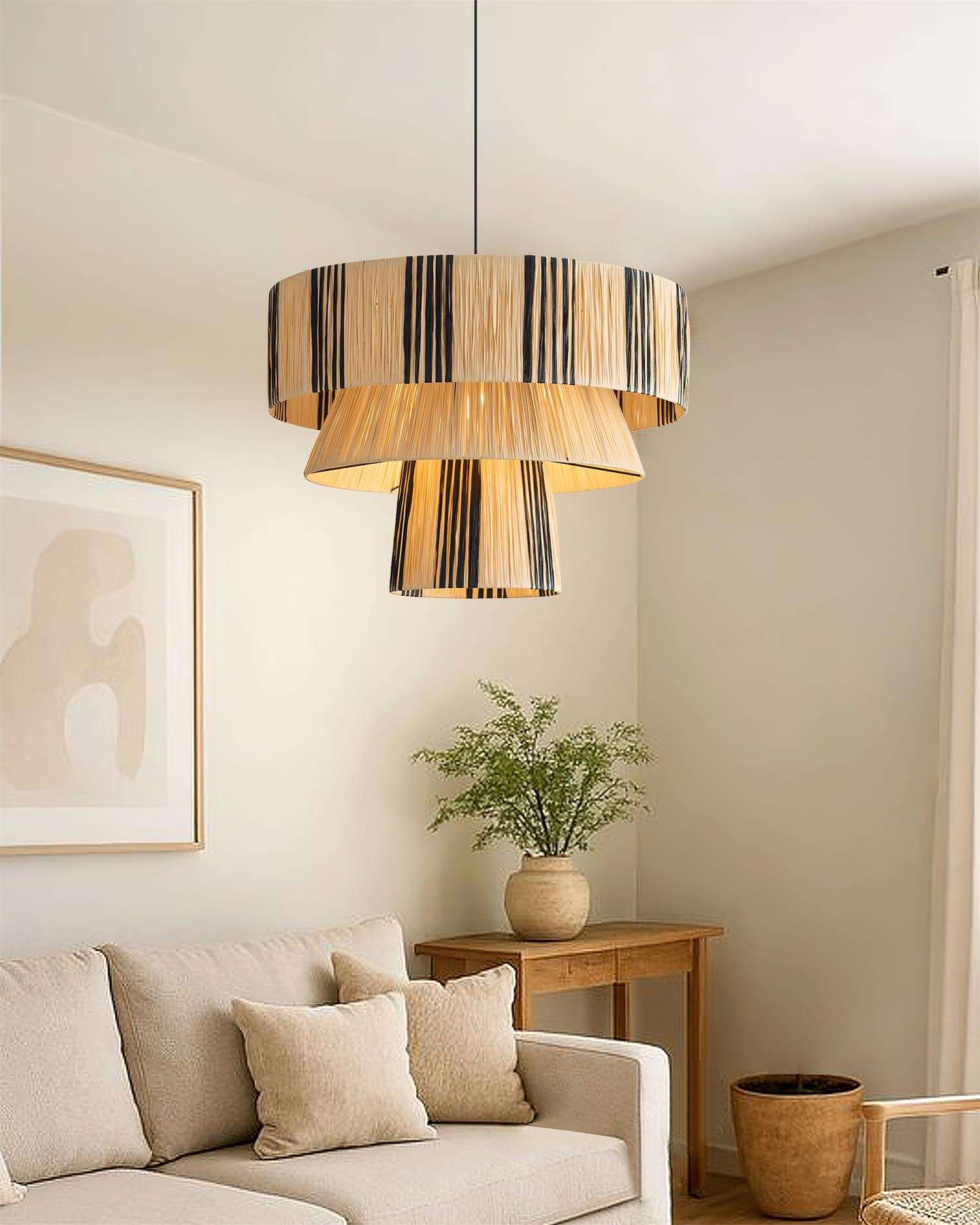 Lampa wisząca Hiroshi zainstalowana nad siedzeniami w rogu salonu