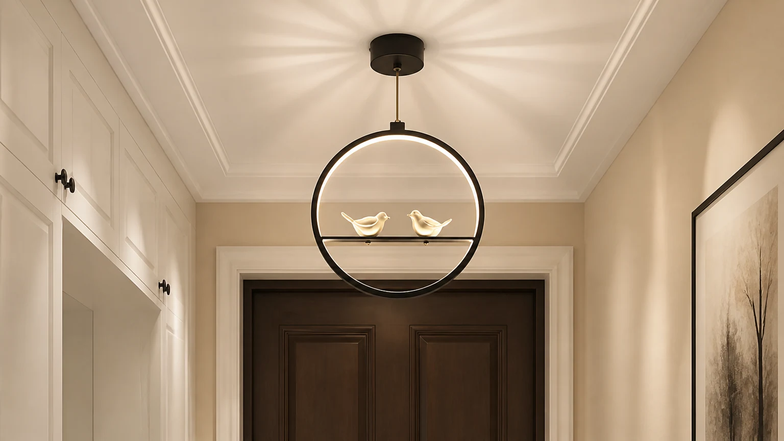 Lampa wisząca FAN Birdy zainstalowana w ciepłym korytarzu
