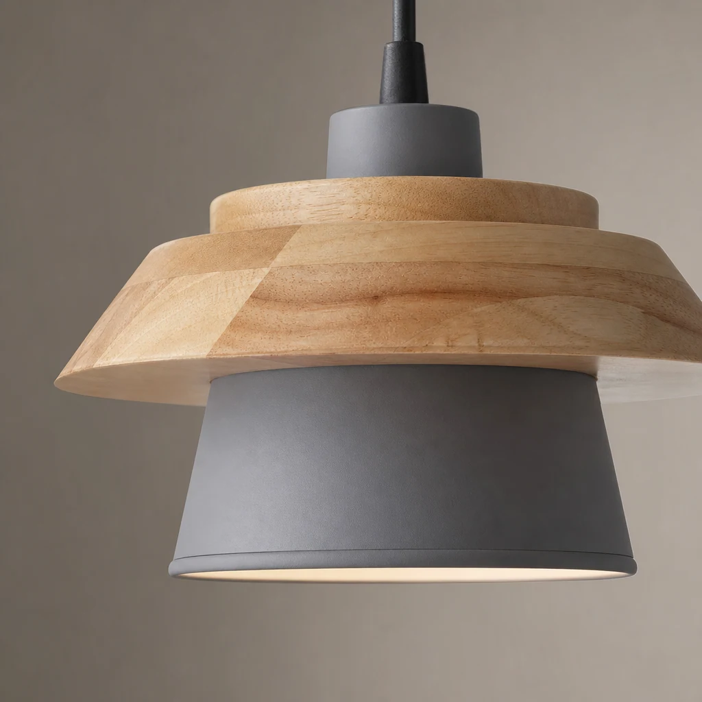 Zbliżenie na materiałową lampę wiszącą M419 z kamienia i drewna