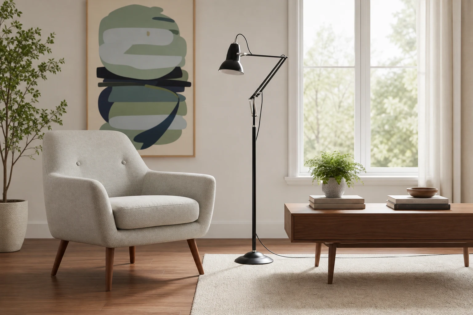 Modryx golvlampa i ett produkt-i-kontext livsstilsrum