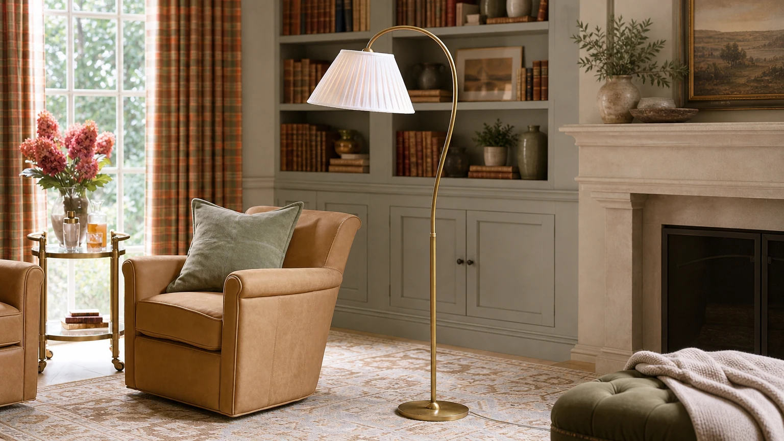 Lampadaire Luvora à abat-jour plissé dans un salon de style ferme chaleureux