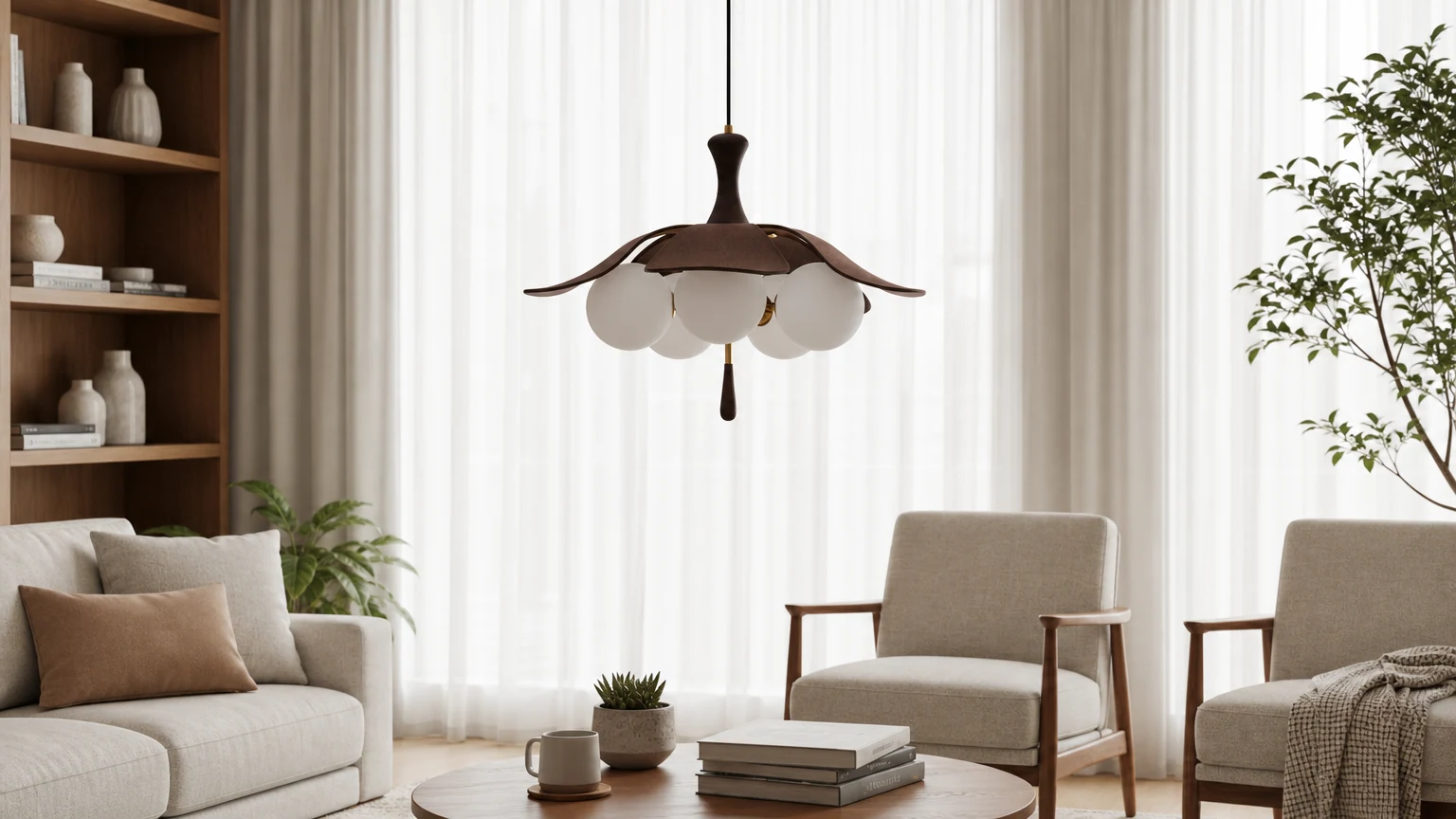 Lampa wisząca Orrise z rzeźbionym globusem w ciepłym wnętrzu