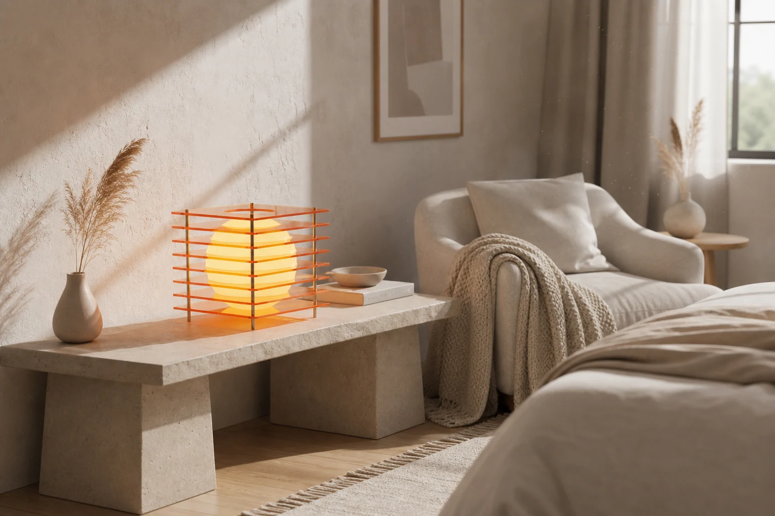 Lampa Afterglow Moon Cube w nowoczesnej scenie życia na blacie