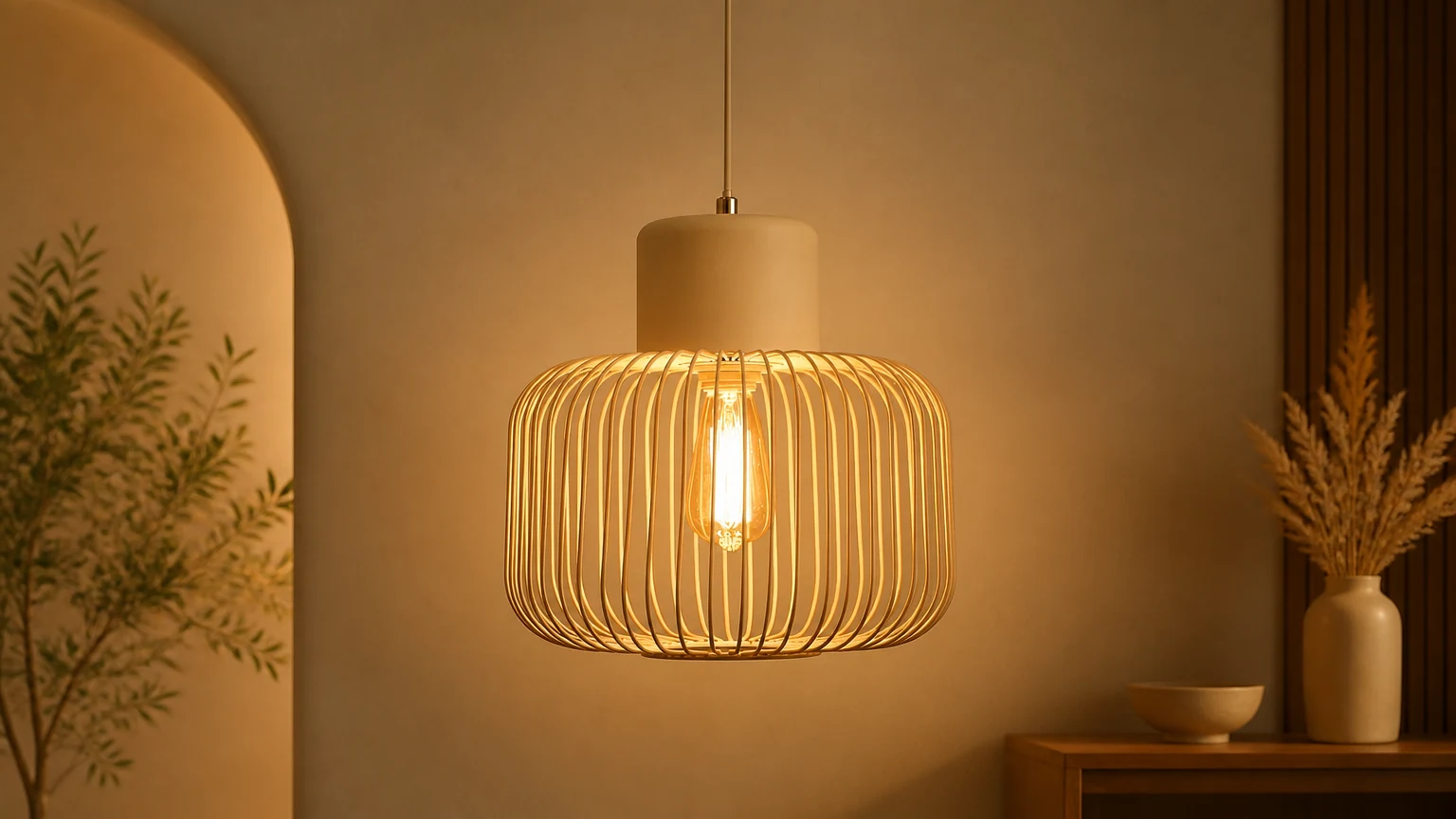 Nowoczesna lampa wisząca Cage w ciepłym wnętrzu