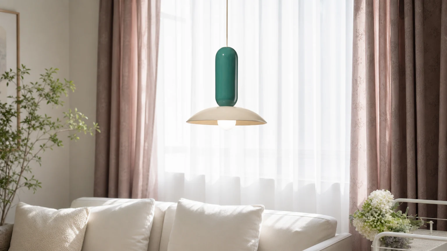 Lampa wisząca Color Block Frisbee Pau w poziomej scenie pomieszczenia