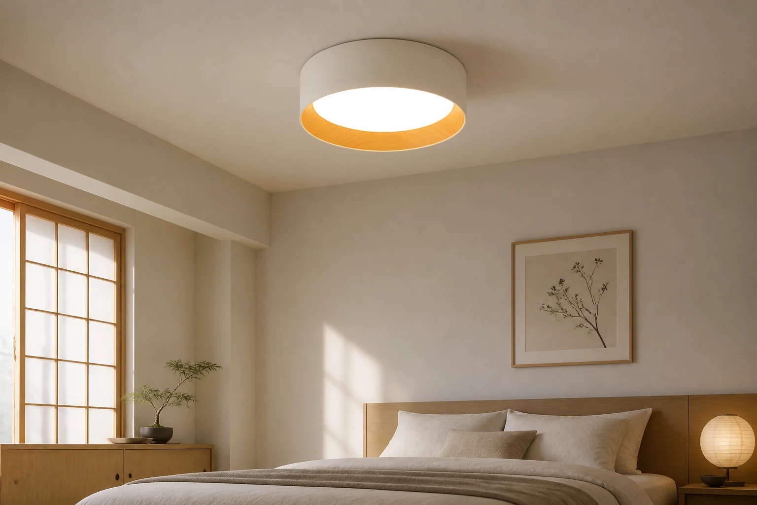Okrągła lampa sufitowa LED ze słojami drewna w minimalistycznym wnętrzu