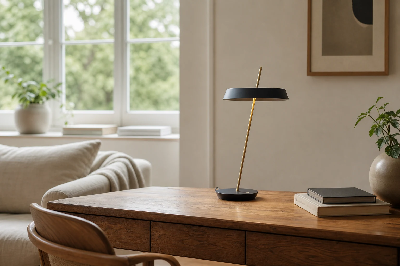 Lampa stołowa M339 stosowana na powierzchni ekspozycyjnej w nowoczesnym wnętrzu