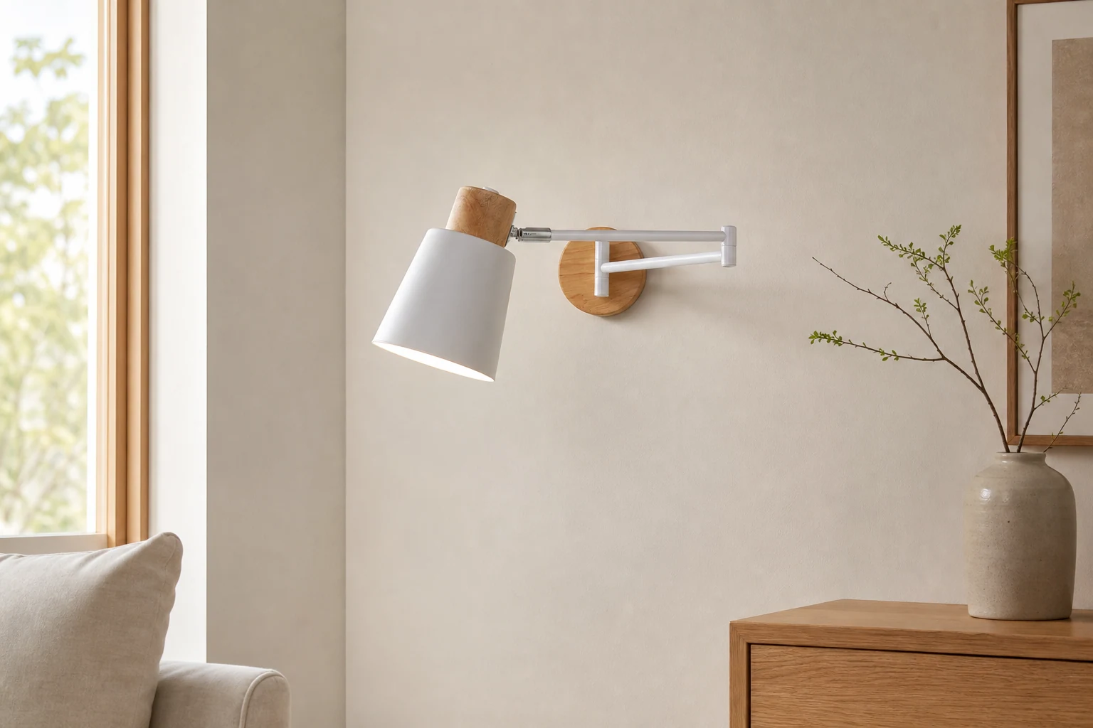 Drewniany regulowany kinkiet M394 scena lifestylowa z widoczną pełną lampą