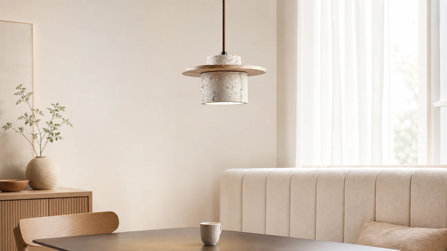 Elegancka teksturowana lampa wisząca z kamienia Cylindra G11 w ciepłej scenerii wnętrza