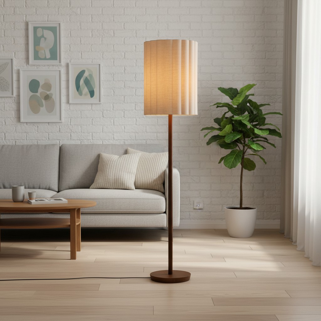 Linbron Walnut Wood Floor Lamp with Fluted Linen Shade - Modern Natural Home Decor T648