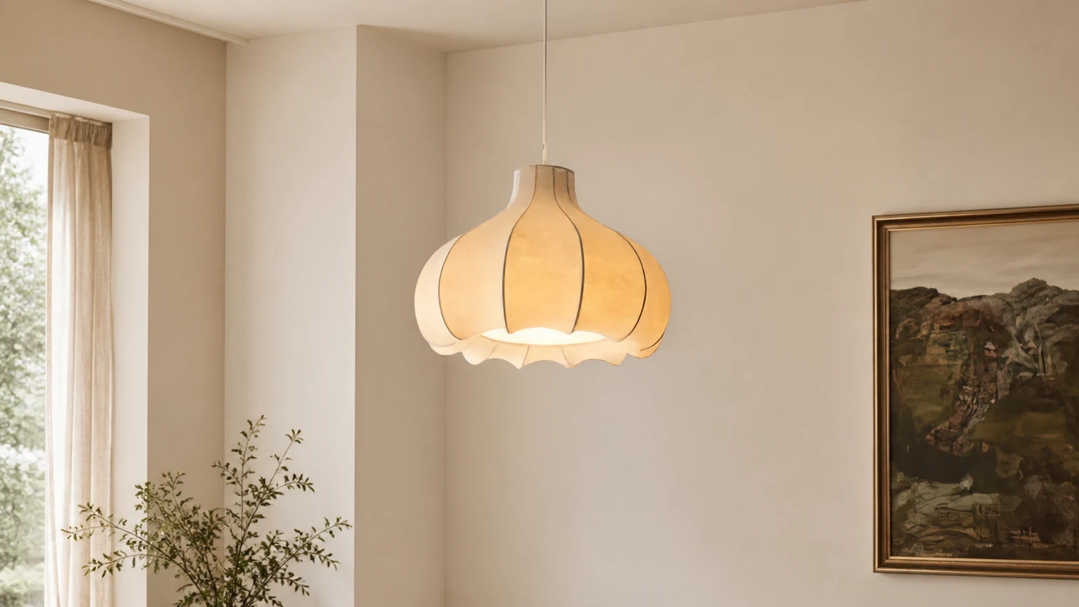 Jedwabna lampa wisząca Onion Bubble M537 w ciepłym wnętrzu