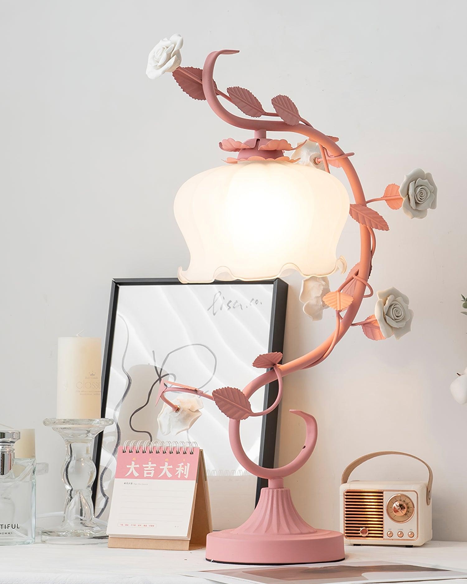 Green Pink White Rose Flower Table Lamp M209