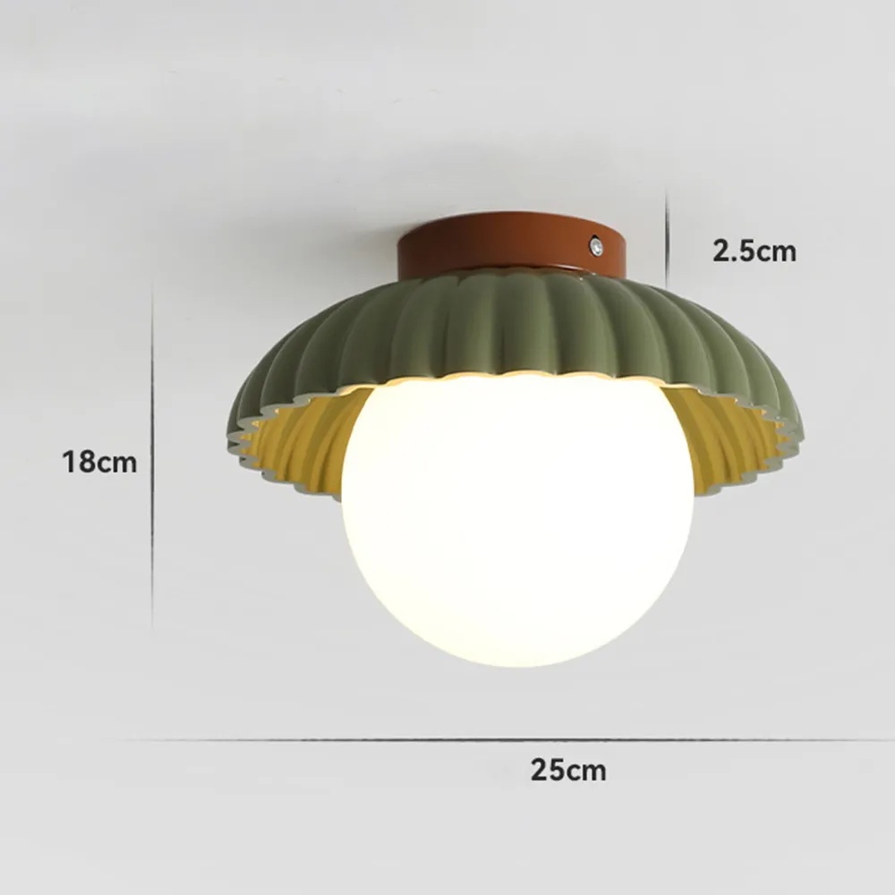 Schemat rozmiarów lampy sufitowej ze szkła kremowego z pąkami kwiatowymi przedstawiający średnicę 25 cm i wysokość 18 cm