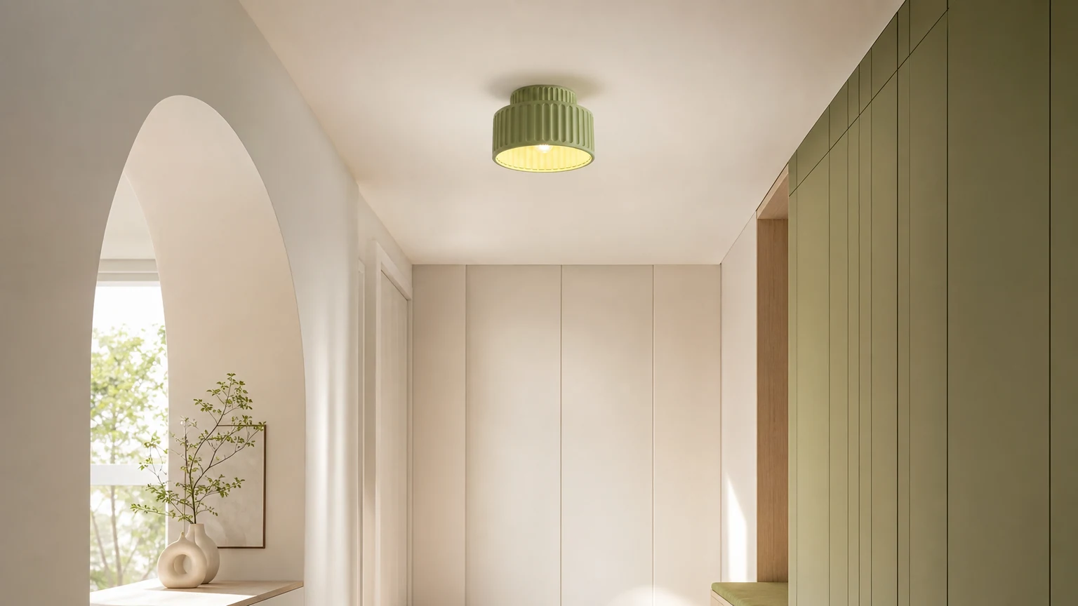 Nordisk dekorativ taklampa i resin från Kami installerad i en lugn interiör