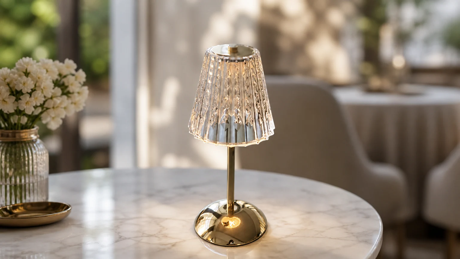 Vintage pleated brass cordless table lamp in a warm room setting