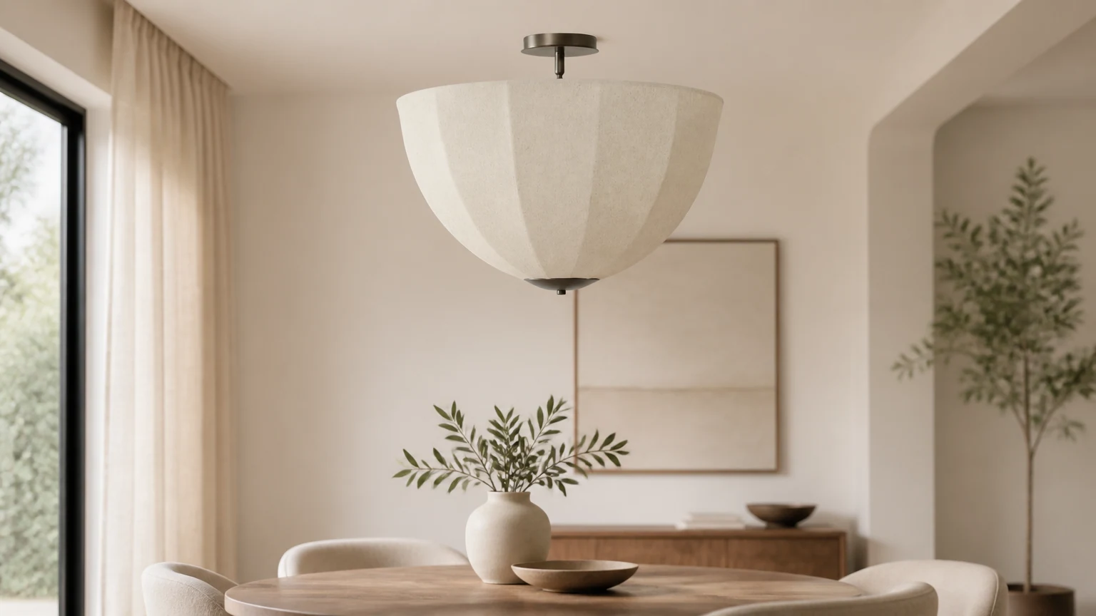 Botaniczna lniana lampa Lumarys pokazana w komplecie w ciepłym pomieszczeniu